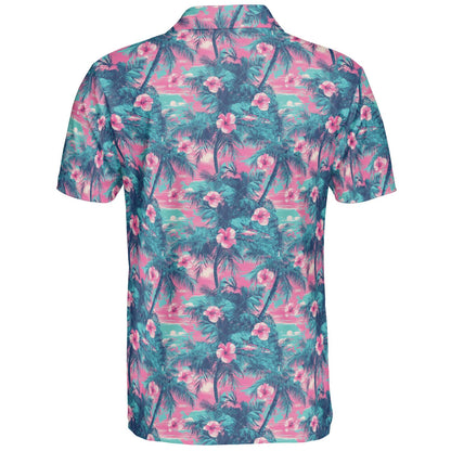 Hawaiian Palm Tree Summer Polo Shirt for Men Moisture Wicking Short Sleeve Golf Top