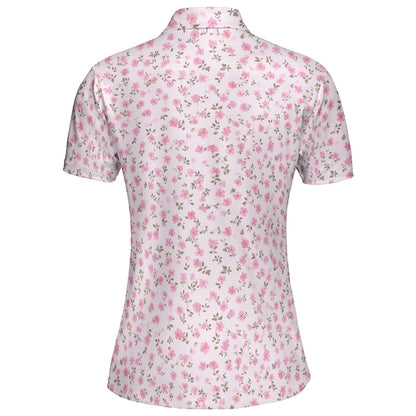 Pink Rosebud Polo Shirt for Women Soft Cottagecore Floral Spring Summer Moisture Wicking Short Sleeve Golf Top