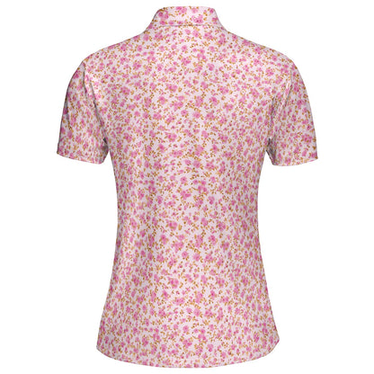 Pink Floral Polo Shirt for Women Cottagecore Spring Summer Moisture Wicking Short Sleeve Golf Top