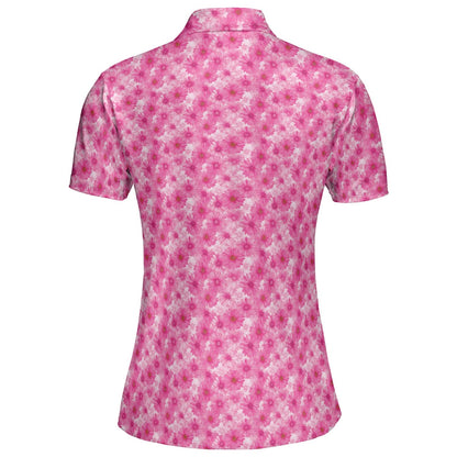 Pink Daisy Floral Polo Shirt for Women Spring Cottagecore Moisture Wicking Short Sleeve Golf Top