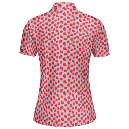 Strawberry Polo Shirt for Women Pink Summer Cottagecore Moisture Wicking Short Sleeve Golf Top