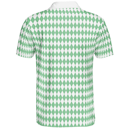 Bavarian Diamond Polo Shirt for Men Green White Checkered Moisture Wicking Short Sleeve Golf Top