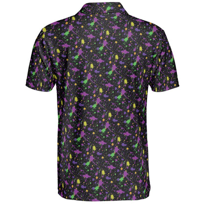 Mardi Gras Polo Shirt for Men Purple Green Gold Paint Splatter Pattern Moisture Wicking Short Sleeve Golf