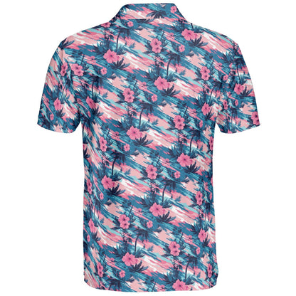 Tropical Sunset Floral Summer Polo Shirt for Men Moisture Wicking Short Sleeve Golf Vacation Top