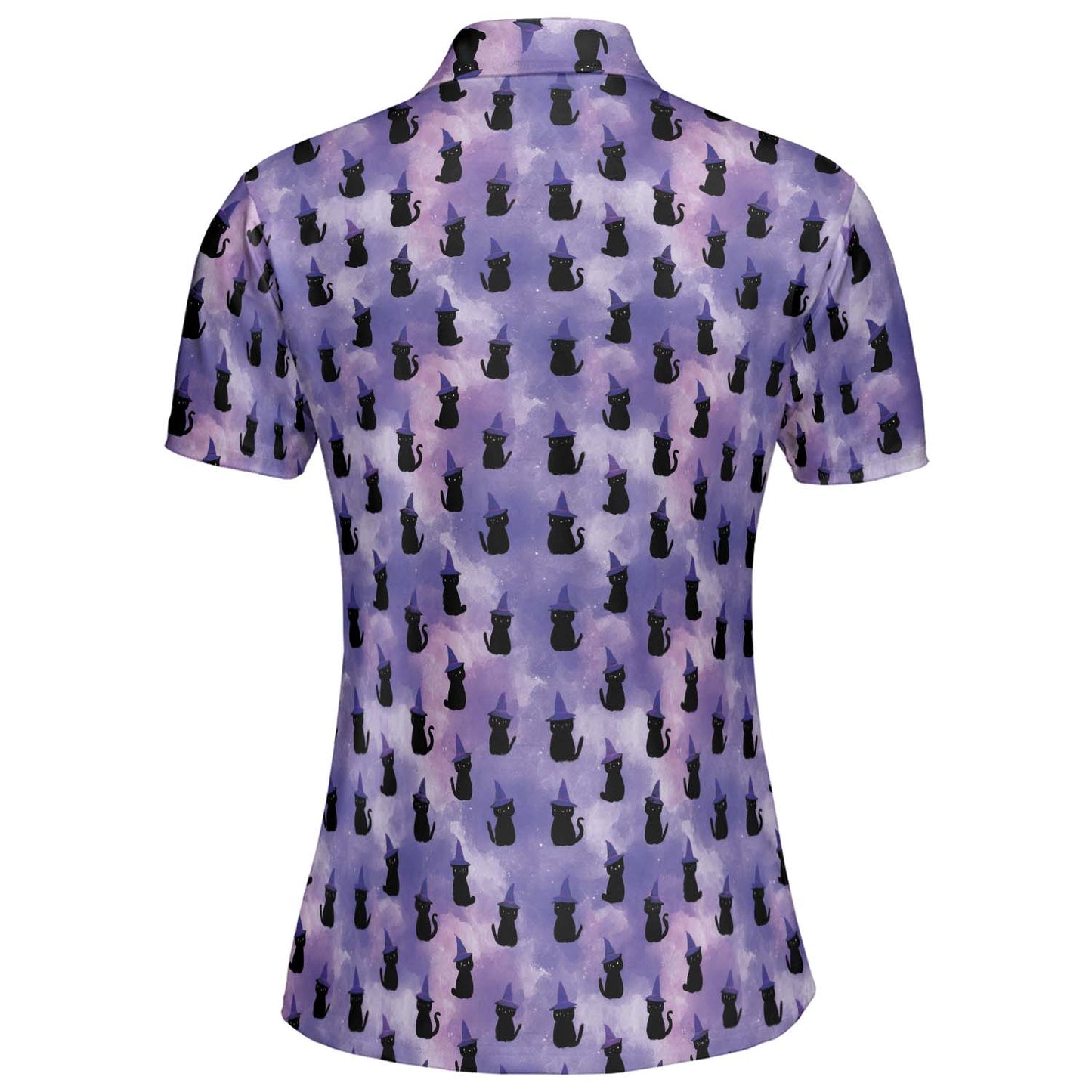 Witch Cat Halloween Polo Shirt for Women Purple Spooky Costume Moisture Wicking Short Sleeve Golf Top