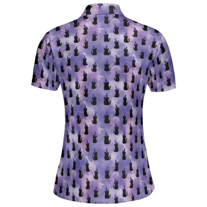 Witch Cat Halloween Polo Shirt for Women Purple Spooky Costume Moisture Wicking Short Sleeve Golf Top