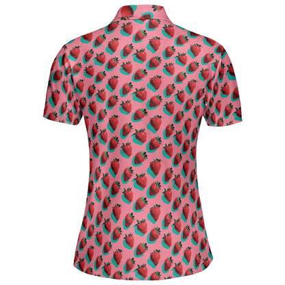 Strawberry Print Polo Shirt for Women Pink Summer Cottagecore Cute Moisture Wicking Short Sleeve Golf Top