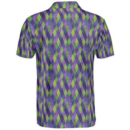 Mardi Gras Polo Shirt for Men Purple Green Argyle Party Design Moisture Wicking Short Sleeve Golf Top