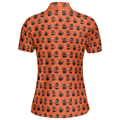 Funny Halloween Cat Polo Shirt for Women Orange Spooky Cute Moisture Wicking Short Sleeve Golf Top