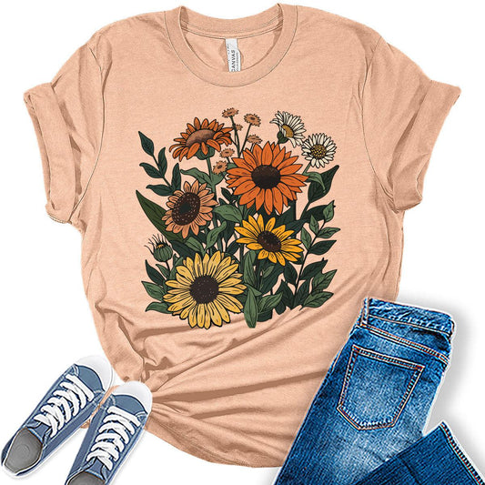 Sunflower Shirt Boho Trendy Vintage Tops Cottagecore Plus Size Graphic Tees for Women