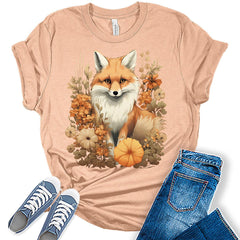 Womens Fall Fox Shirt Cottagecore Pumpkin Floral Vintage Girls Graphic Tee Autumn Tops
