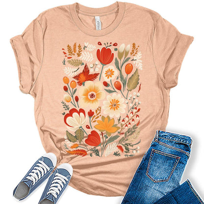 Vintage Floral Fall Graphic Tee for Women Cute Cottagecore Boho Tops for Teen Girls