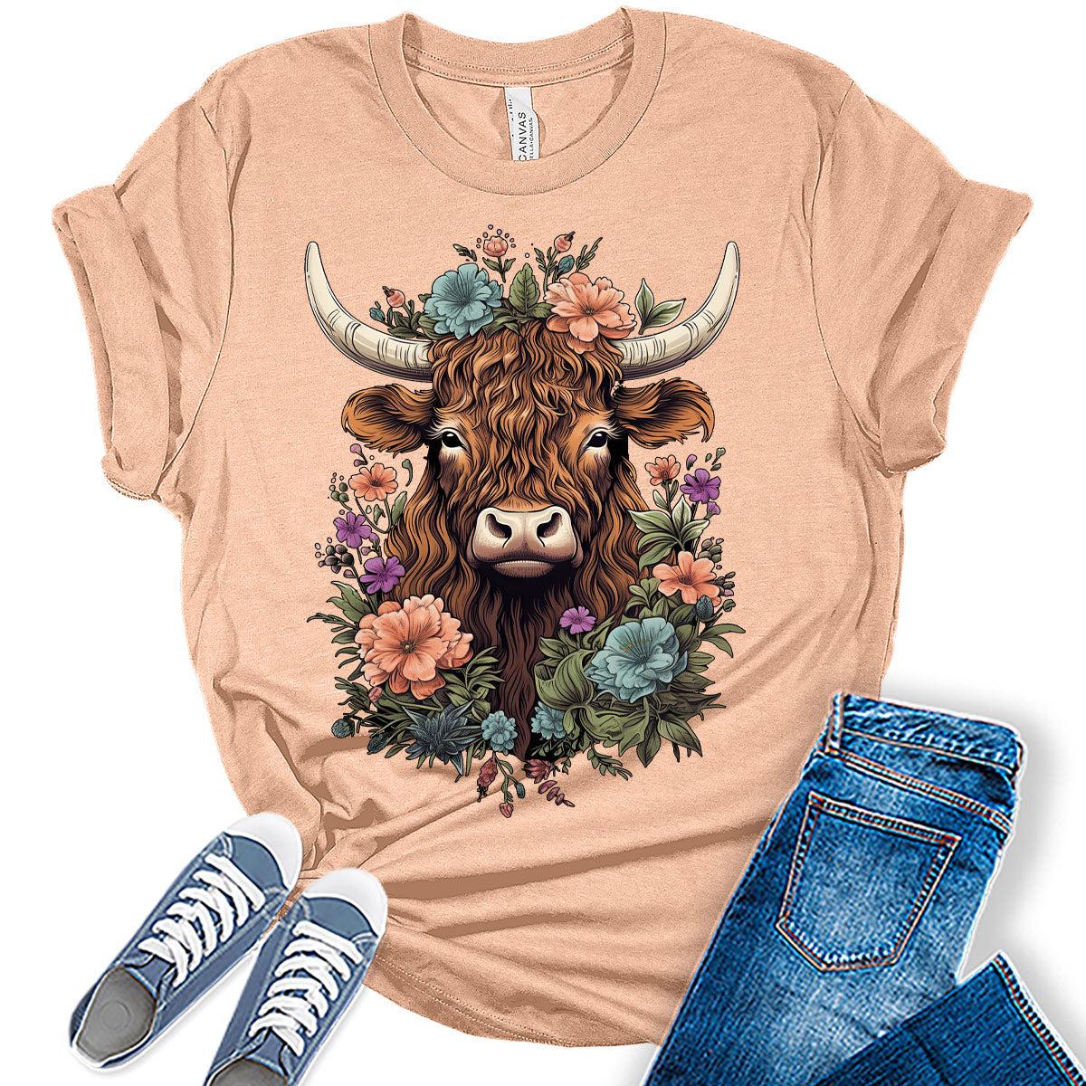 Womens Highland Cow Shirt Cute Cowgirl Tshirt Cattle Bella Graphic Tees Casual Short Sleeve Summer Tops