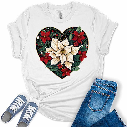 Poinsettia Heart Christmas Shirt For Women