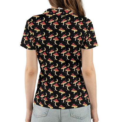 Cottagecore Black Polo Golf Shirt for Women Mushroom Moon Aesthetic Fantasy Moisture Wicking Short Sleeve Top