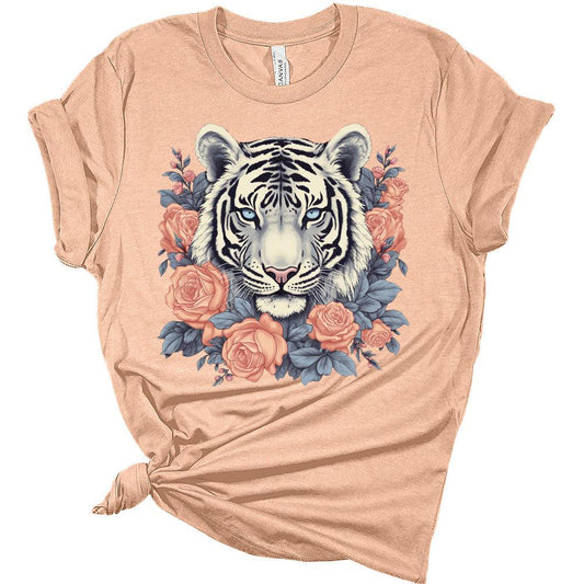 Womens Vintage Tiger Shirt Cute Bella Graphic Tees Short Sleeve Floral Summer Tops Casual Crewneck Tshirts