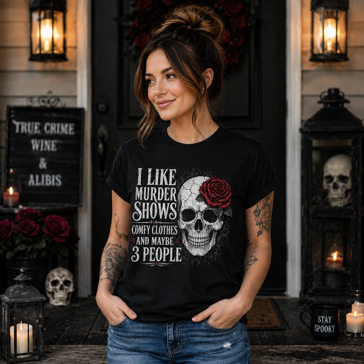 Women's Halloween Shirt Fall Graphic Tees Funny Sarcastic Murder Shows Short Sleeve Bella Tops
