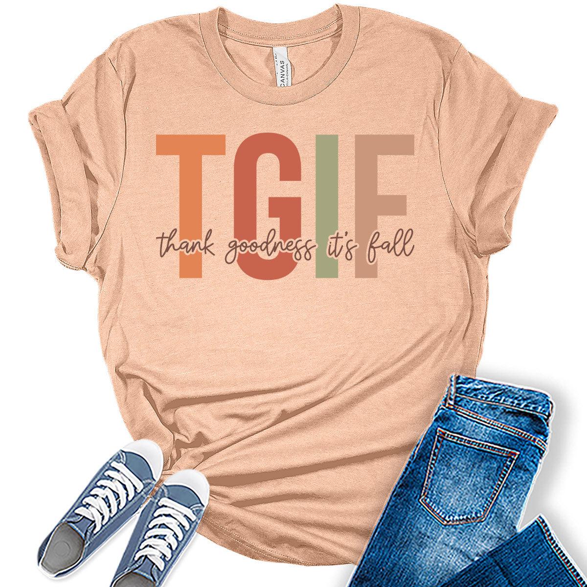 Womens Fall Tops TGIF Thank Goodness It's Fall Vintage Tshirt Letter Print Girls Graphic Tee Retro Shirts