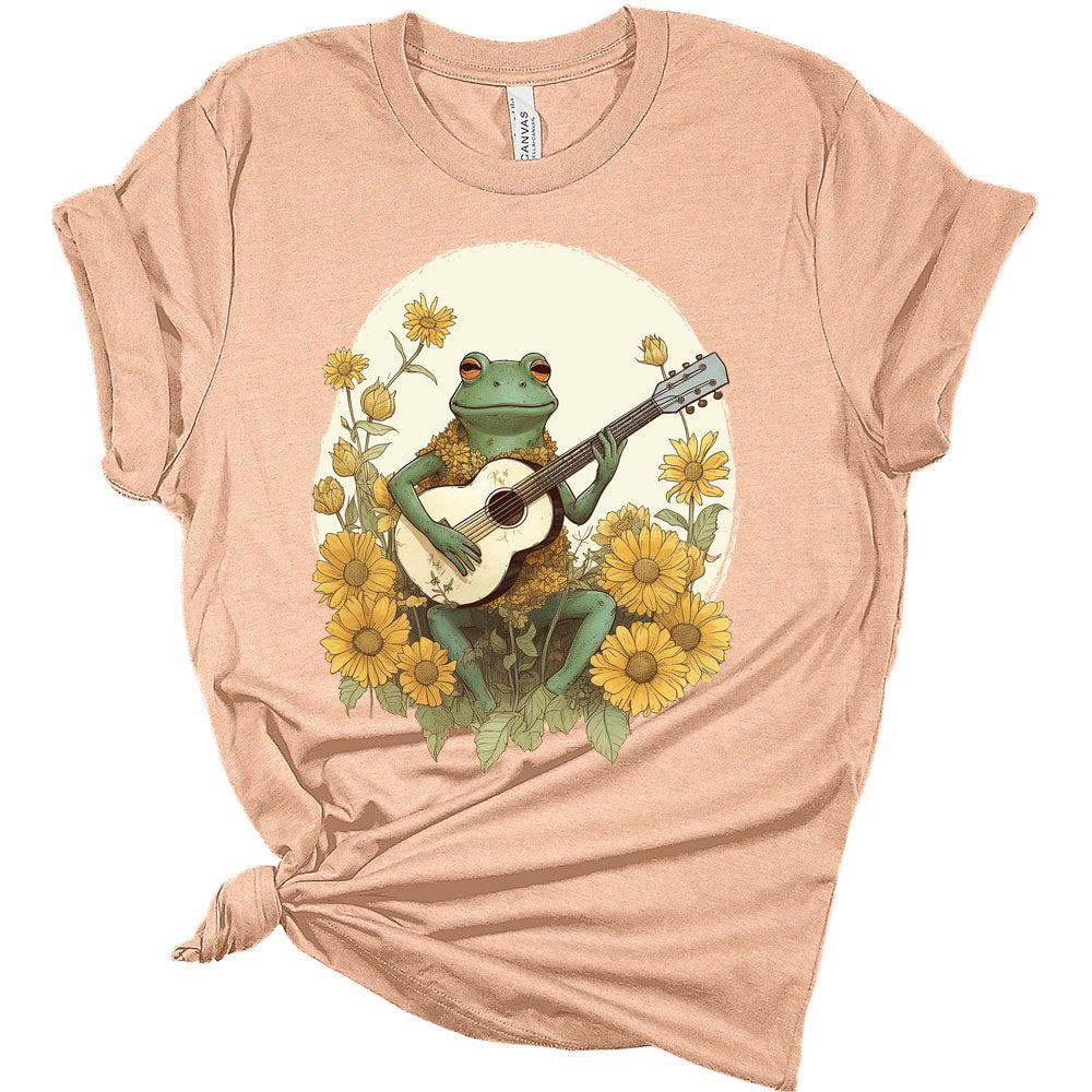 Cottagecore Frog Playing Guitar Sunflower T-Shirt