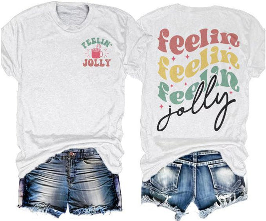 Feelin Jolly Christmas Shirt Retro Letter Print Oversized Top Groovy Christmas Tees