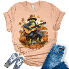 Womens Fall Tops Frog Guitar Tshirt Cottagecore Pumpkin Graphic Tee Autumn Shirts