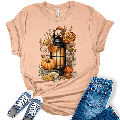 Fall Clothes for Women Casual Cottagecore Pumpkin Lantern Graphic Tees Autumn Shirts