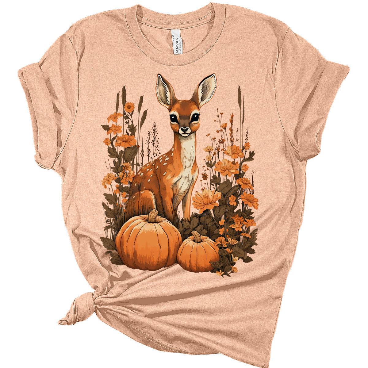 Womens Fall Deer Shirt Cottagecore Pumpkin Floral Cute Girls Graphic Tee Autumn Tops