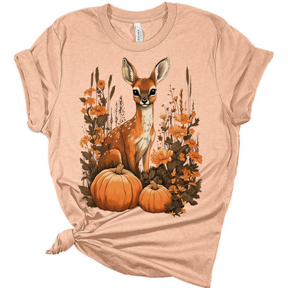 Womens Fall Deer Shirt Cottagecore Pumpkin Floral Cute Girls Graphic Tee Autumn Tops