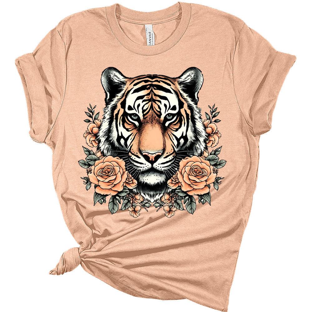 Womens Retro Tiger Shirts Cute Bella Graphic Tees Short Sleeve Floral Summer Tops Casual Crewneck Tshirts