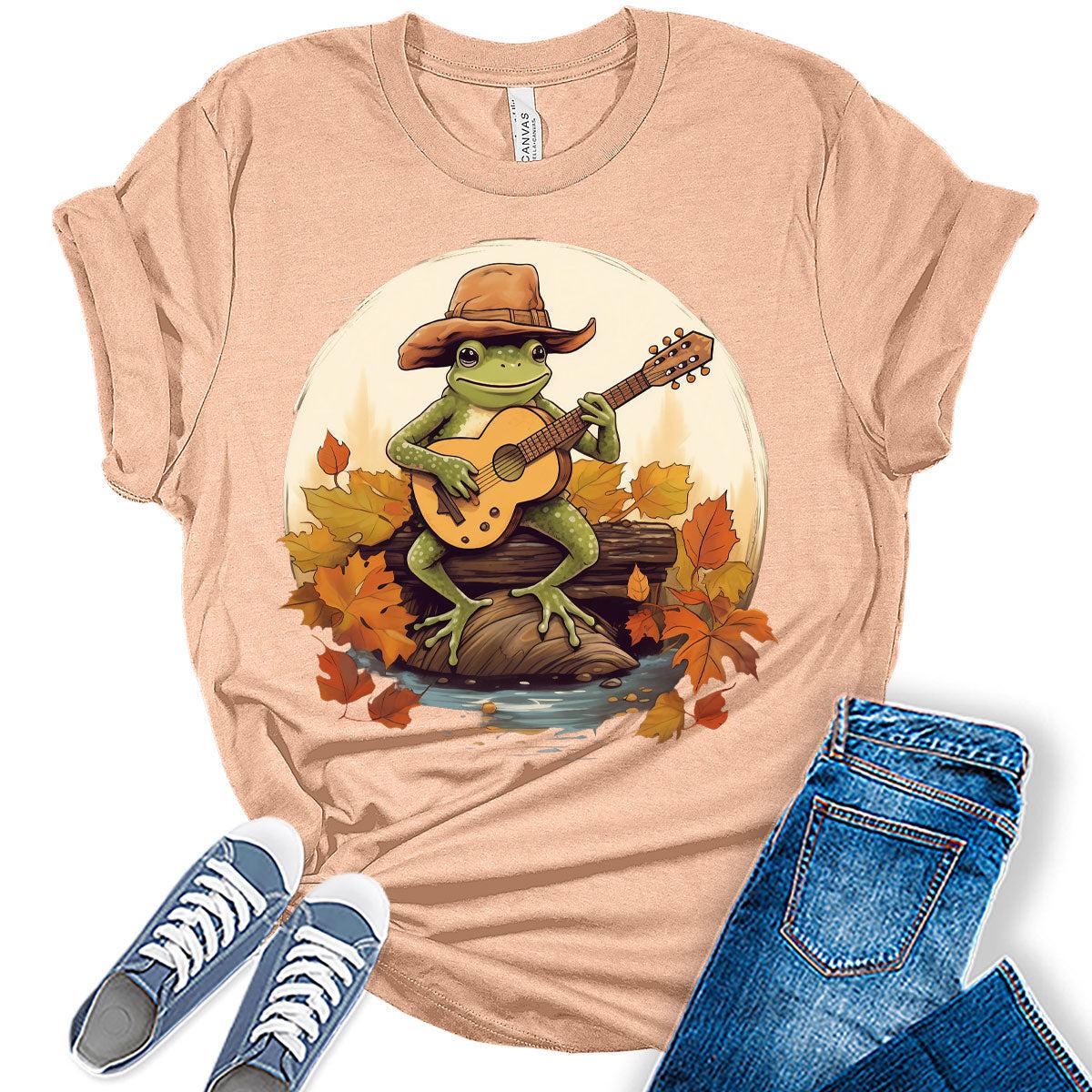 Womens Fall Tops Frog Vintage Aesthetic Tshirt Cottagecore Girls Graphic Tee Halloween Shirts