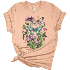 Womens Cute Butterfly Moth Wildflower Casual Graphic Tees Vintage Short Sleeve Girls T Shirts Fall Plus Size Tops