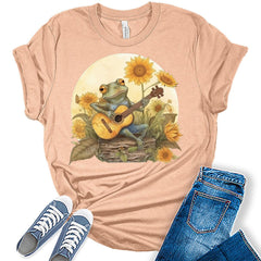 Womens Floral Sunflower Frog Music T Shirt
