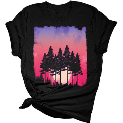 Womens Trendy Graphic Skinny Pine Tree Sunset Sky Shirt Summer Hiking Camping Athletic Tees Nature Casual Comfy Clothes