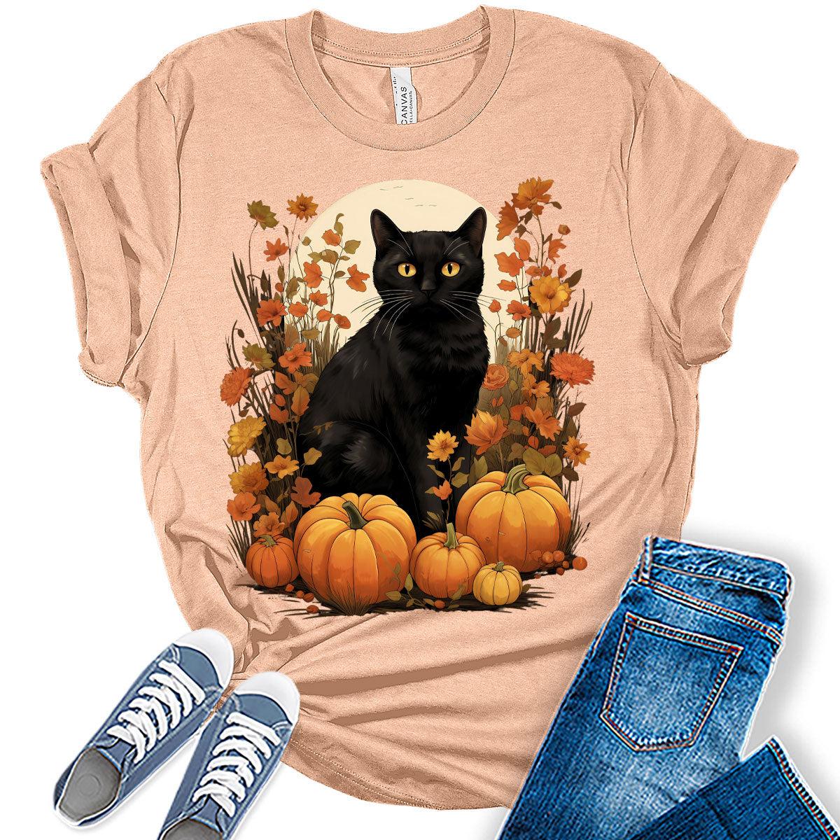 Pumpkin Cat Halloween Shirts for Women Fall Novelty Tshirt Graphic Casual Vintage Athletic Girls Tops