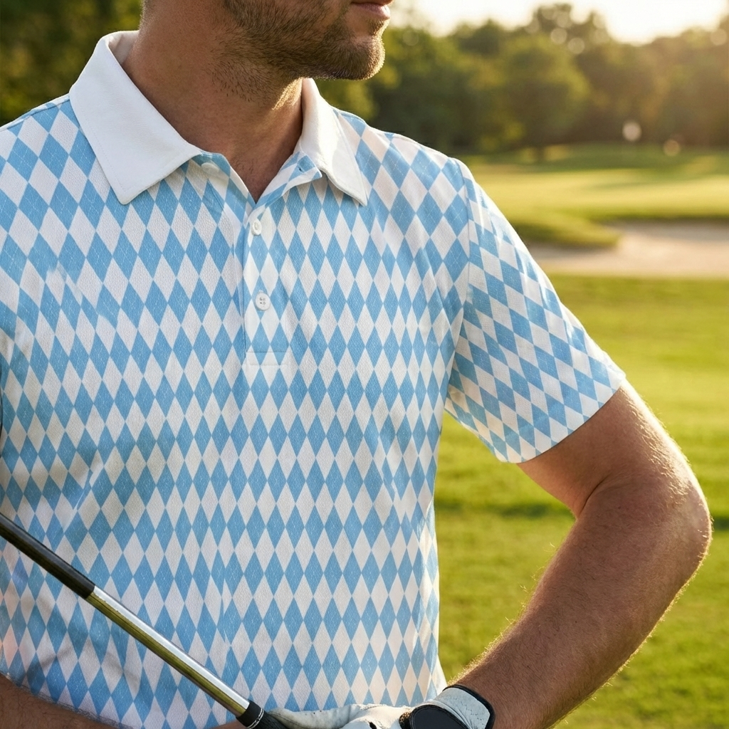 Bavarian Diamond Polo Shirt for Men Blue White Checkered Moisture Wicking Short Sleeve Golf Top