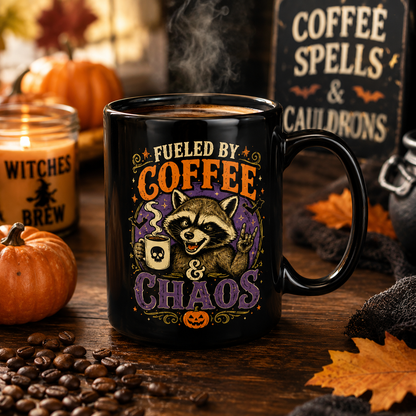 Fueled by Coffee & Chaos Raccoon Halloween Mug – Funny 15oz Black Coffee Mug