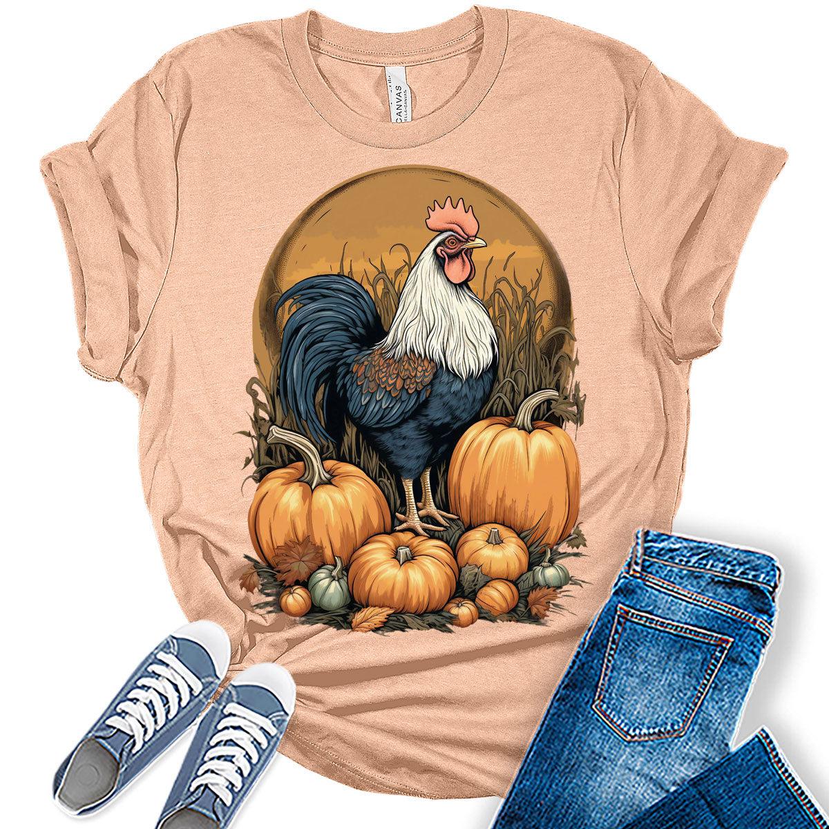 Womens Fall Tops Rooster Halloween Tshirt Cottagecore Pumpkin Graphic Tee Autumn Shirts