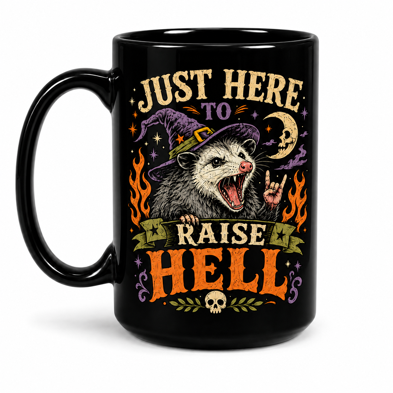 Just Here to Raise Hell Opossum Mug – Funny Halloween Possum 15oz Coffee Mug