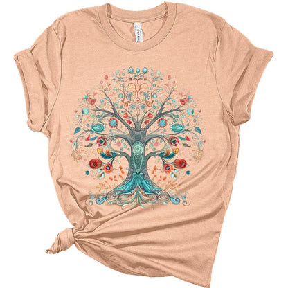 Women Vintage Boho Shirt Tree of Life Floral Tops Watercolor Graphic Tees Casual Short Sleeve Summer T Shirts