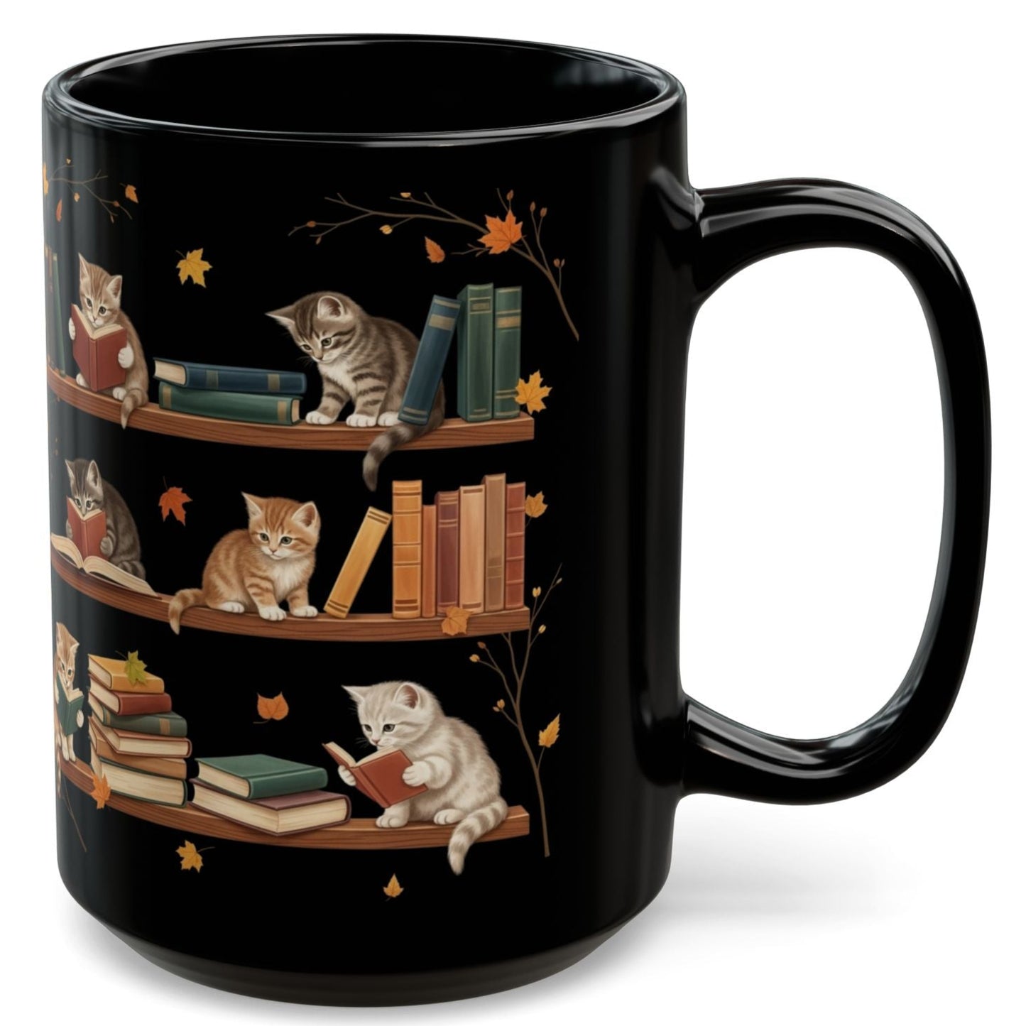 Cute Cats Read Book Mug - Black Coffee Cup Ceramic Mug 15 Oz - Book Gifts For Women Lover - Inspirational Librarian Teacher Present For Halloween