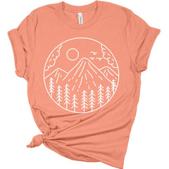 Womens Hiking Mountain Shirt Camping Nature Sunrise Pine Tree Tops Short Sleeve Regular Fit Graphic Tees