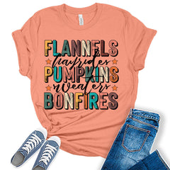 Womens Fall Tops Flannels Pumpkins And Bonfires Vintage Tshirt Girls Graphic Tee Autumn Shirts