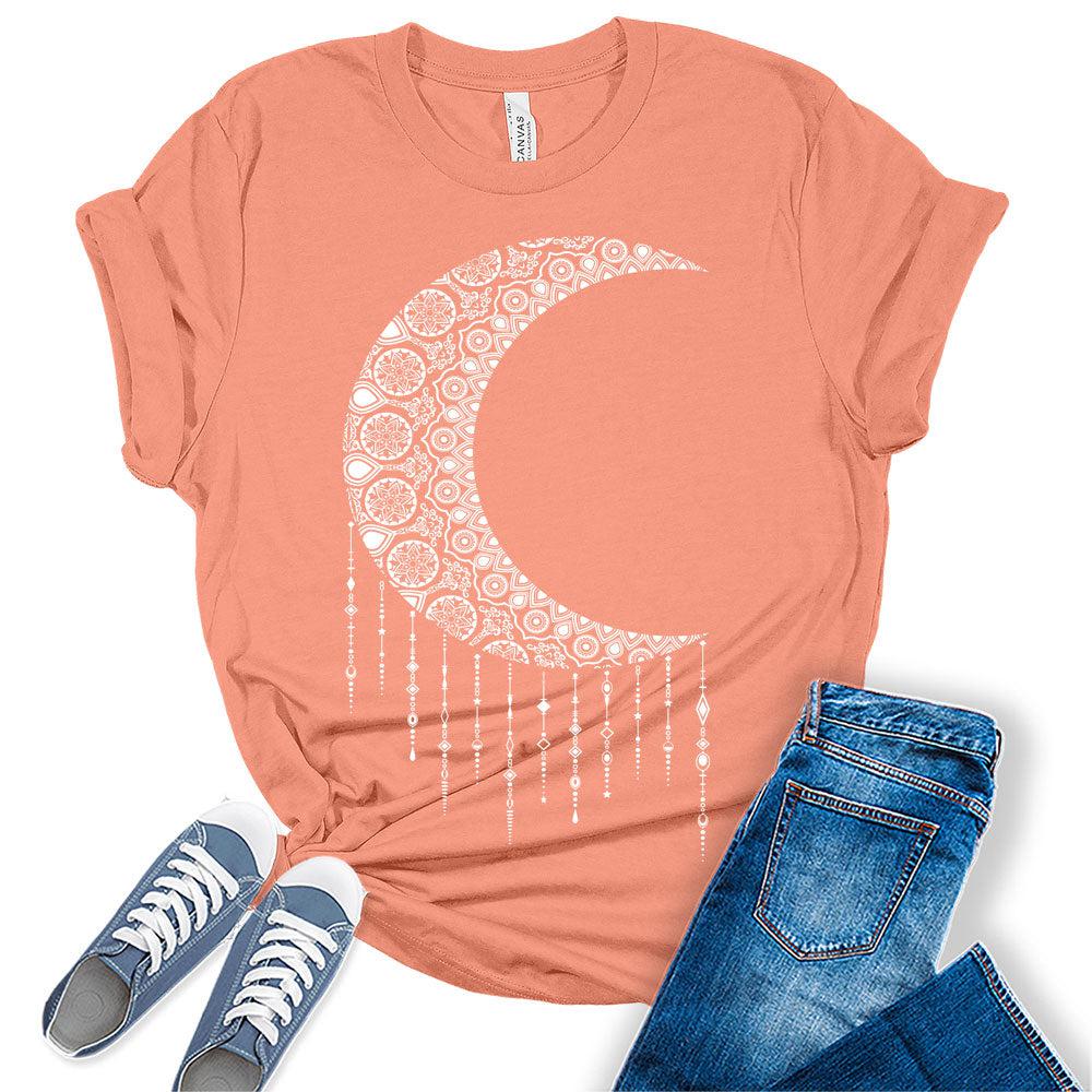 Womens Mandala Crecent Moon Vintage Shirt Casual Bella Graphic Tees Short Sleeve Plus Size Vacation Classic-Fit Summer Tops