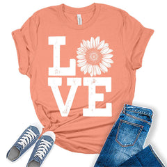 Womens Love Sunflower Shirt Casual Ladies Cute Graphic Tees Spring Short Sleeve Plus Size Summer Tops For Women