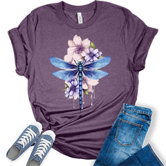 Women's Graphic Tees Casual Summer Dragonfly Shirt Watercolor Printed Short Sleeve Cute Casual Tops