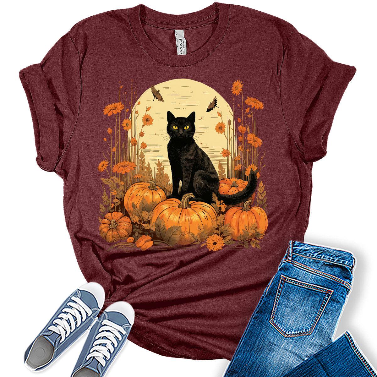 Womens Fall Cat Shirt Cottagecore Pumpkin T Shirts Floral Cute Girls Graphic Tee Autumn Tops