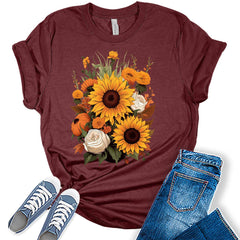 Womens Fall Vintage Tops Sunflower Tshirt Cottagecore Floral Graphic Tee Autumn Shirts