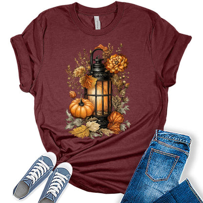 Fall Clothes for Women Casual Cottagecore Pumpkin Lantern Graphic Tees Autumn Shirts