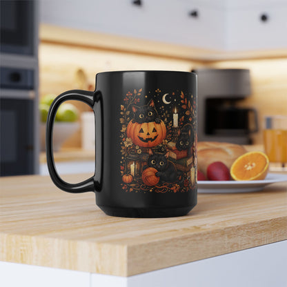 Black Cat Pumpkin Halloween Mug 15oz - Cute Witchy Fall Coffee Cup Gift