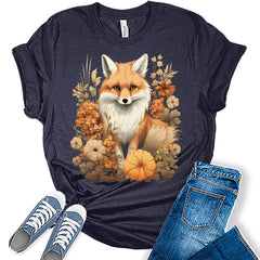Womens Fall Fox Shirt Cottagecore Pumpkin Floral Vintage Girls Graphic Tee Autumn Tops